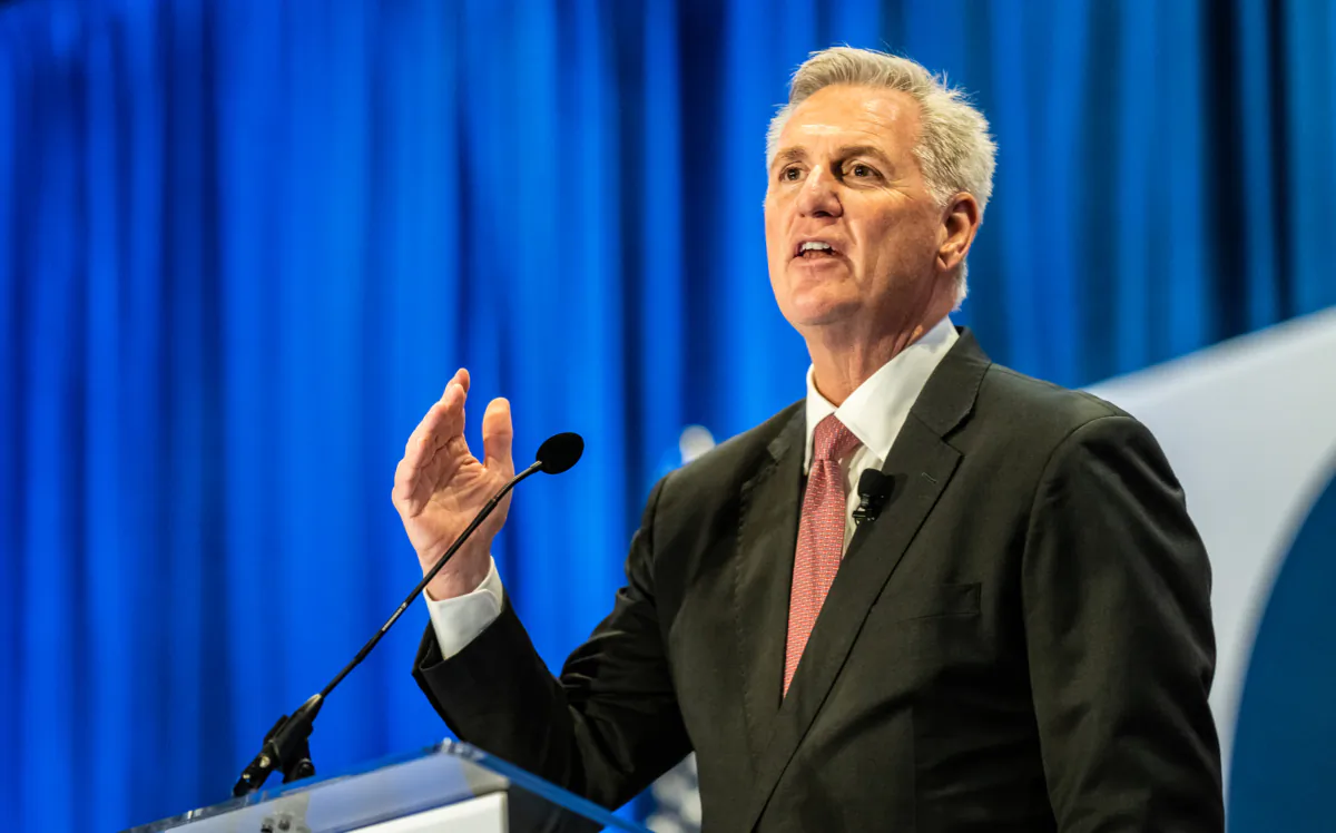 House Speaker Kevin McCarthy speaks in Sacramento, Calif., on March 11, 2023. (John Fredricks/The Epoch Times)