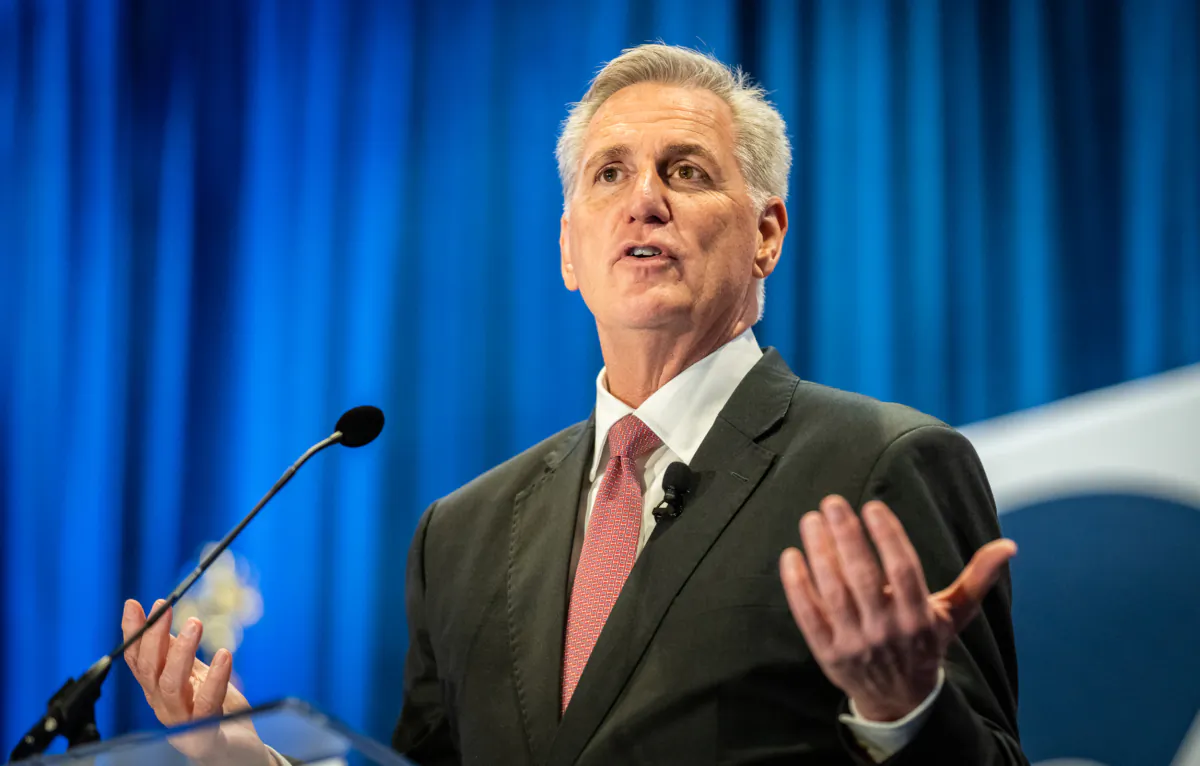 House Speaker Kevin McCarthy speaks in Sacramento, Calif., on March 11, 2023. (John Fredricks/The Epoch Times)