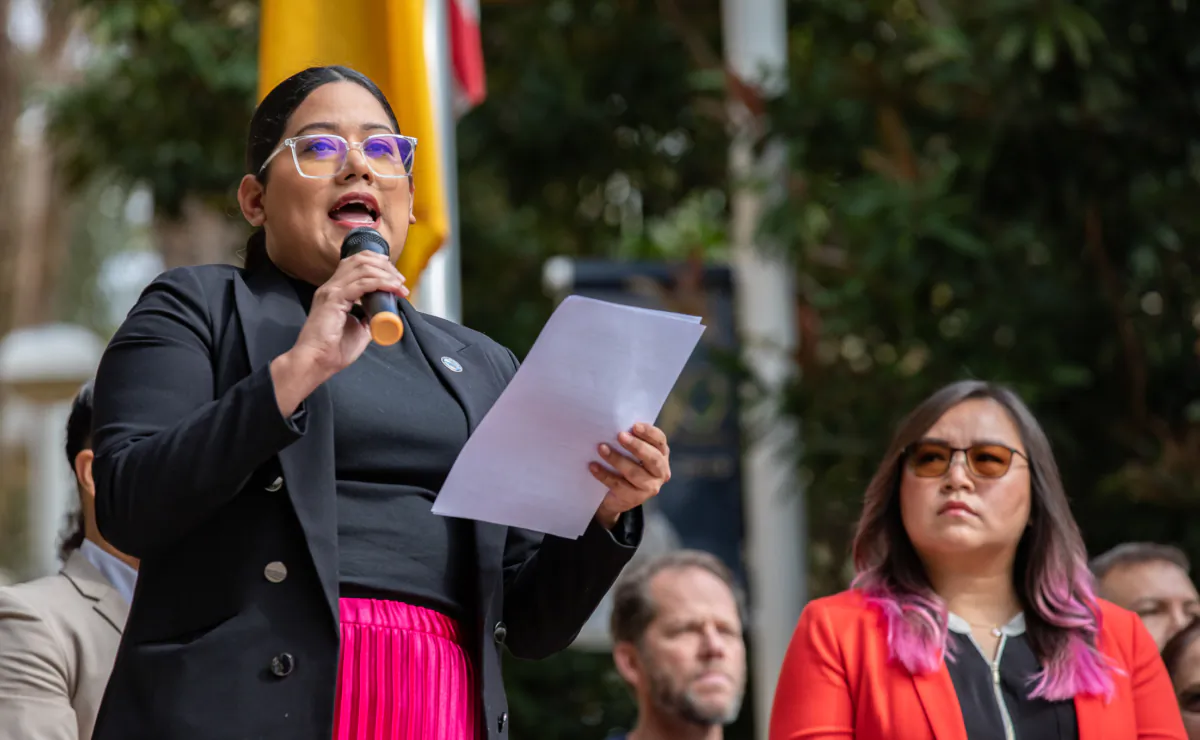 Santa Ana Mayor Pro Tem Jessie Lopez speaks about a recall campaign against her at city hall in Santa Ana, Calif., on Jan. 30, 2023. (John Fredricks/The Epoch Times)