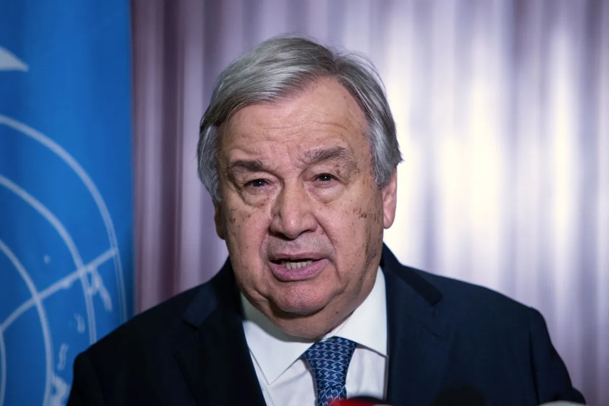 U.N. Secretary-General Antonio Guterres speaks to media after a meeting in Bujumbura, Burundi, on May 5, 2023. (Tchandrou Nitanga/AFP via Getty Images)