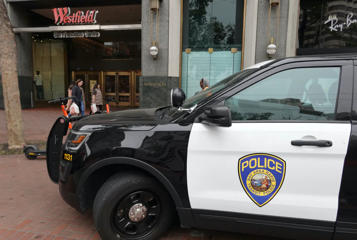 A police car sits parked in front of the Westfield San Francisco Centre, in San Francisco, Calif.  on June 14, 2023. (Justin Sullivan/Getty Images)