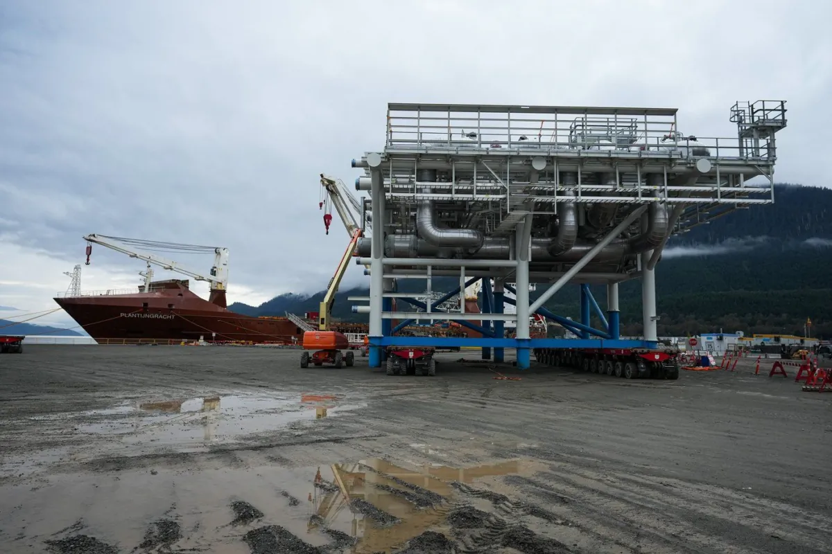 A module that arrived by ship is seen at the dock at the LNG Canada export terminal under construction in Kitimat, B.C., on Sept. 28, 2022. (The Canadian Press/Darryl Dyck)
