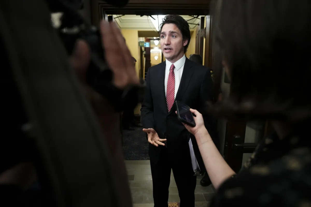 Prime Minister Justin Trudeau speaks to reporters in the foyer of the House of Commons on Parliament Hill in Ottawa on June 20, 2023. (The Canadian Press/Sean Kilpatrick)