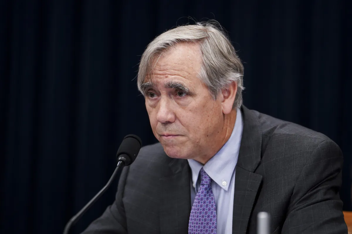 Sen. Jeff Merkley (D-Ore.) speaks during a hearing about “Corporate Complicity: Subsidizing the PRC’s Human Rights Violations” in Washington, on July 11, 2023. (Madalina Vasiliu/The Epoch Times)