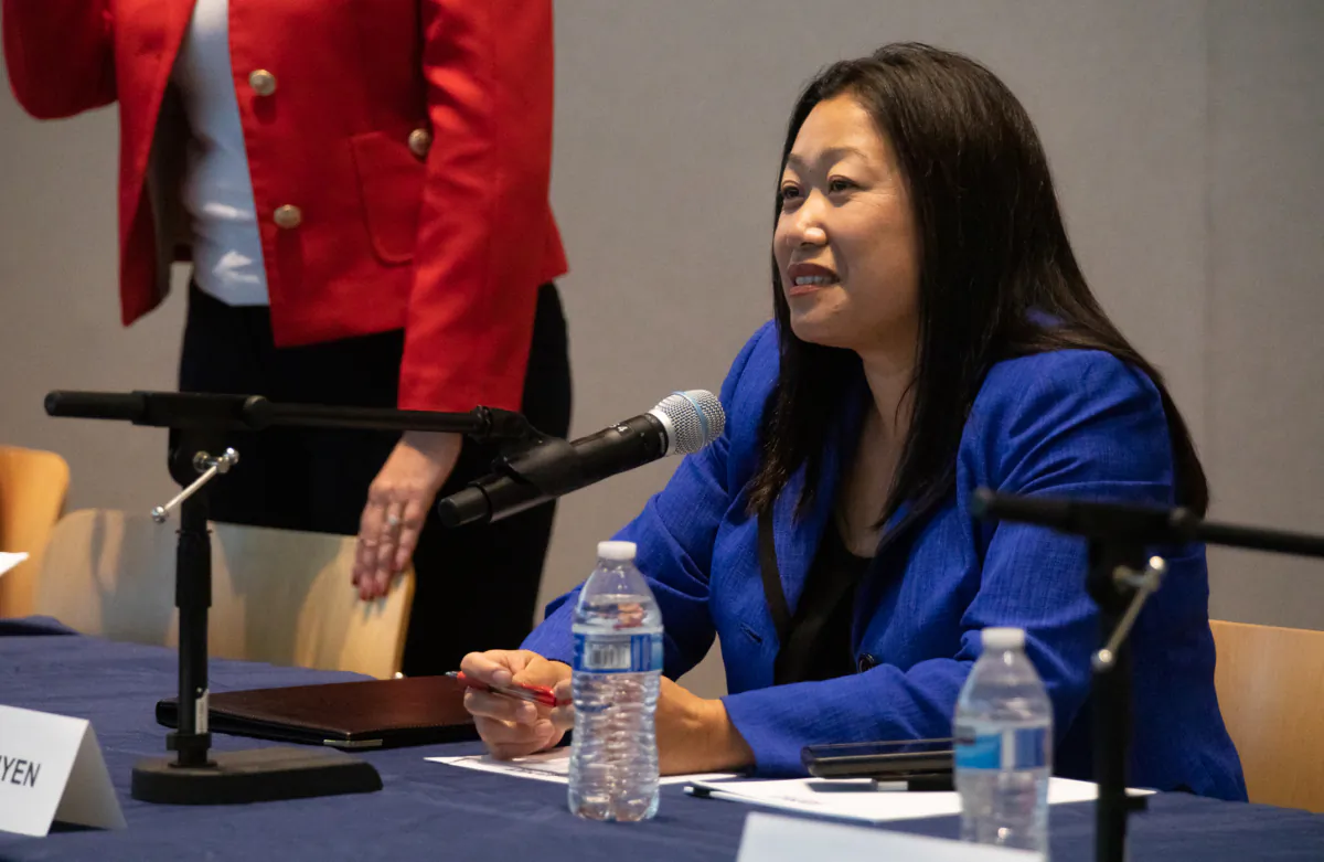 Janet Nguyen speaks at Newport Beach City Hall in Newport Beach, Calif., on Oct. 12, 2022. (John Fredricks/The Epoch Times)