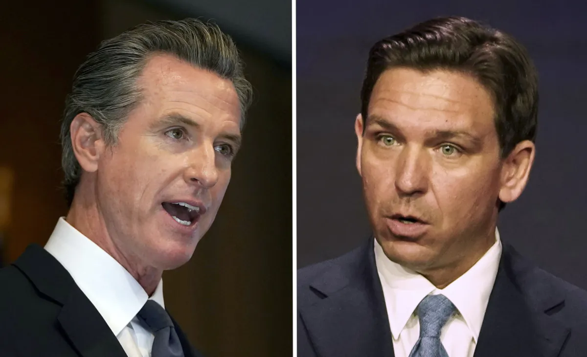 (L) California Gov. Gavin Newsom speaks in San Francisco in a file photograph. (Jeff Chiu/AP Photo); (R) Republican presidential candidate and Gov. Ron DeSantis (R-Fla.) speaks in Washington in a file photograph. (Madalina Vasiliu/The Epoch Times)