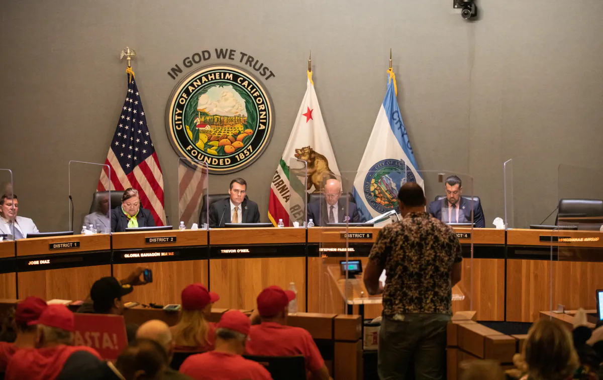 People participate in public comment at Anaheim City Hall in Anaheim, Calif., on Aug. 9, 2022. (John Fredricks/The Epoch Times)