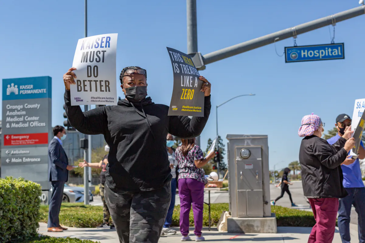 Kaiser Permanente healthcare workers protest in Anaheim, Calif., on March 24, 2021. (John Fredricks/The Epoch Times)
