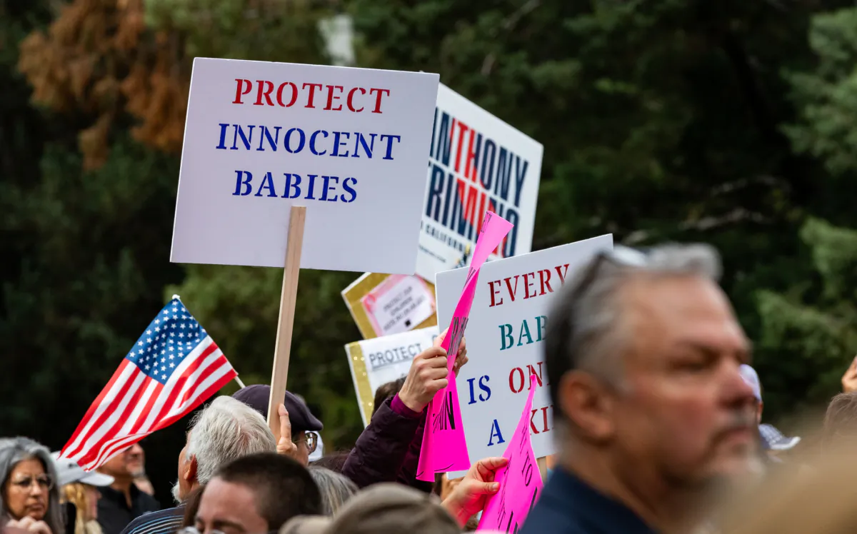 Pro-Life demostrators gather at the California state capital building on April 19, 2022. (John Fredricks/The Epoch Times)