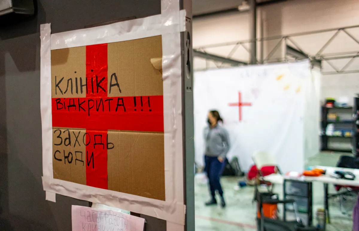 A medical area for Ukrainian refugees remains busy in the Benito Juarez Sports Complex of Tijuana, Mexico, on April 27, 2022. (John Fredricks/The Epoch Times)