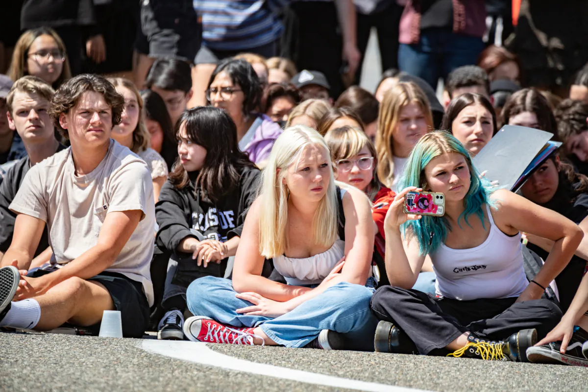 Students at Tesoro High School watch a mock DUI situation in Las Flores, Calif., on April 25, 2022. (John Fredricks/The Epoch Times)