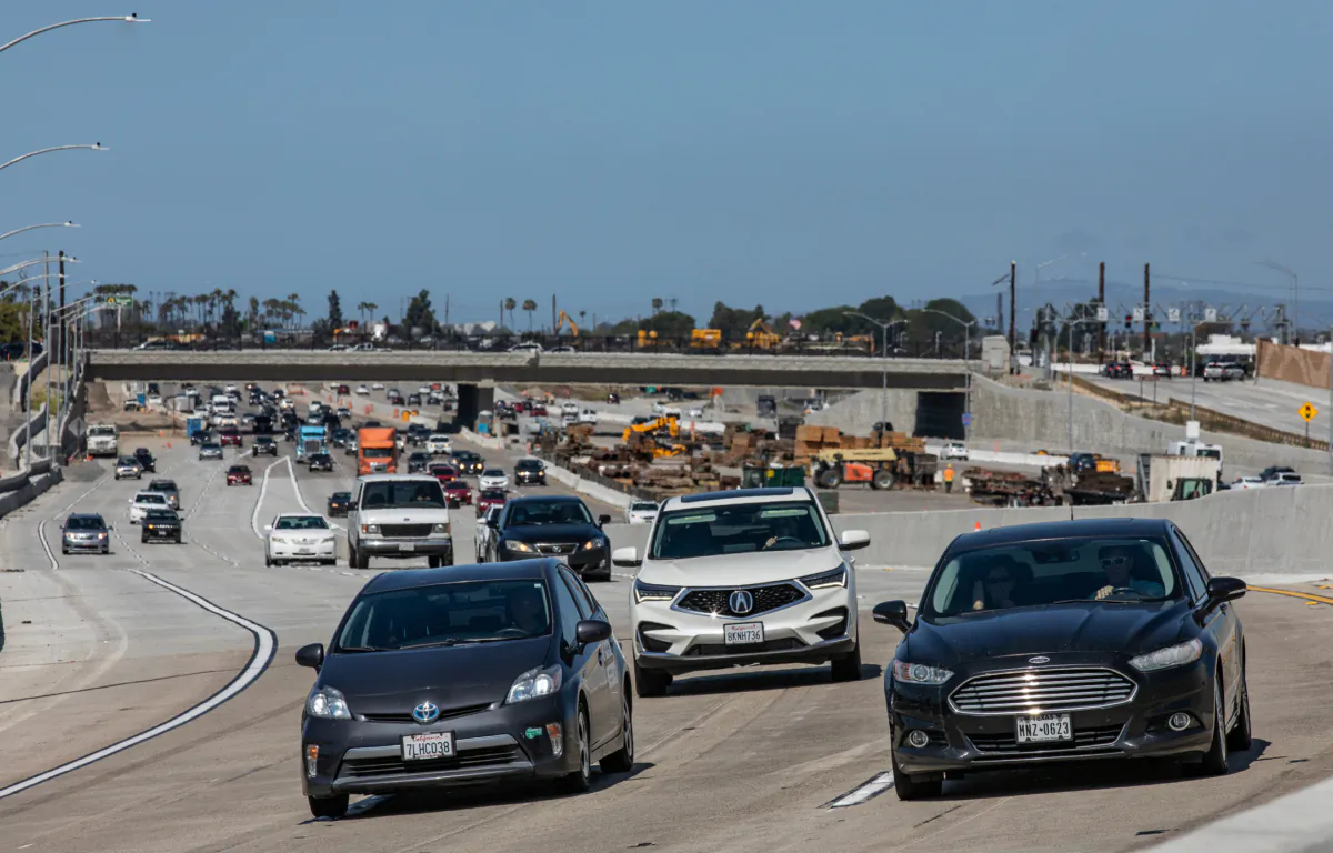 Cars merge onto the Highway 73 southern interchange from the 405 freeway in Costa Mesa, Calif., on April 21, 2022. (John Fredricks/The Epoch Times)
