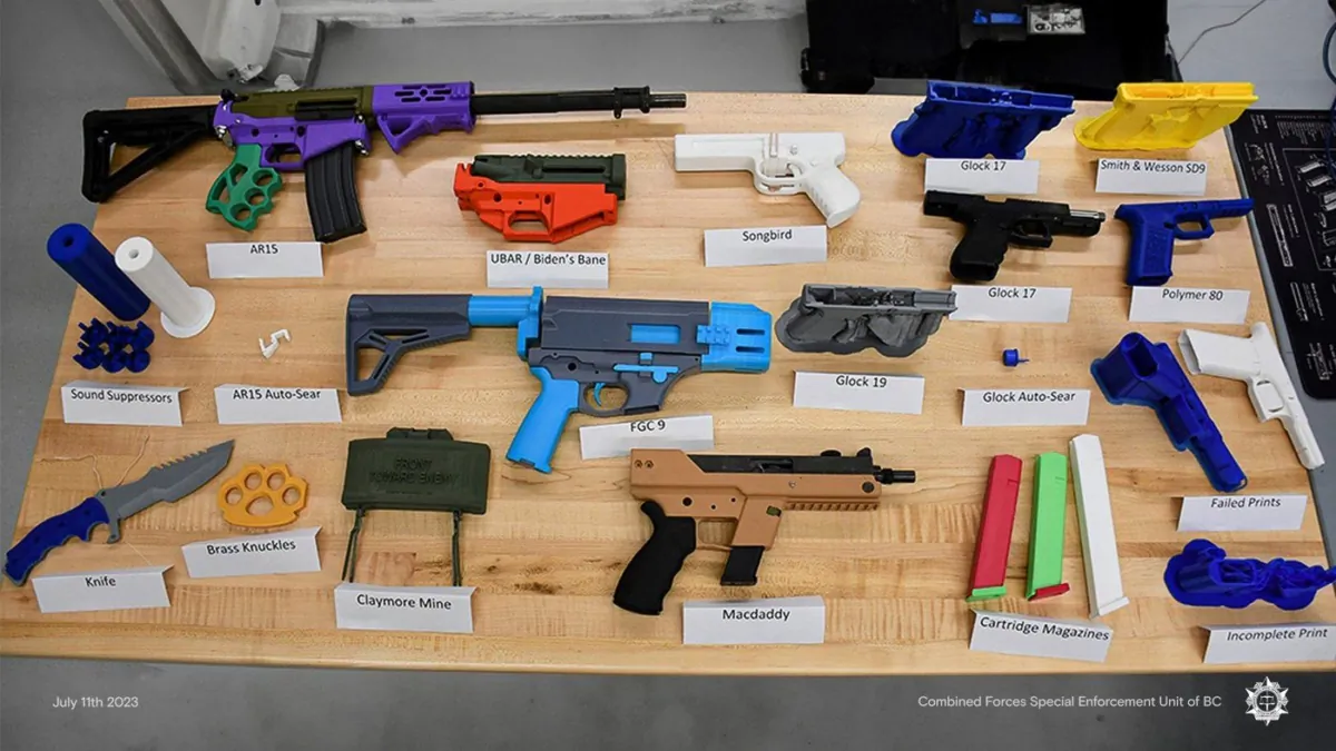 An array of 3D-printed weapons made out of colourful plastic are seen in a July 11, 2023, police handout photo. (The Canadian Press/HO-British Columbia Combined Forces Special Enforcement Unit)
