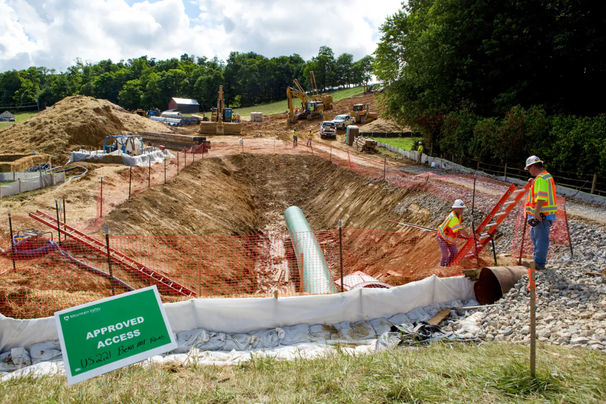 Construction crews work on a tunnel through which the Mountain Valley Pipeline will pass in Roanoke County, Va., on June 22, 2018. (Heather Rousseau/The Roanoke Times via AP)