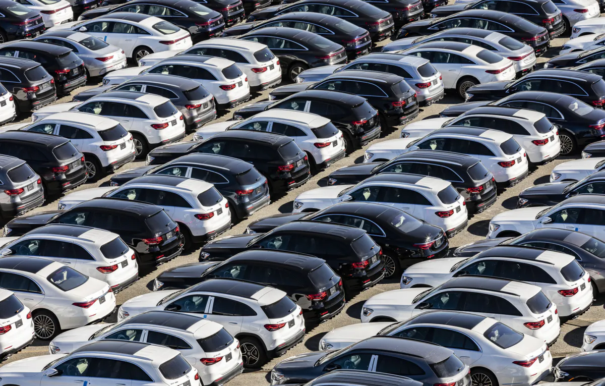 Mercedes Benz car imports await shipping in the Port of Long Beach in Long Beach, Calif., on Jan 11, 2022. (John Fredricks/The Epoch Times)