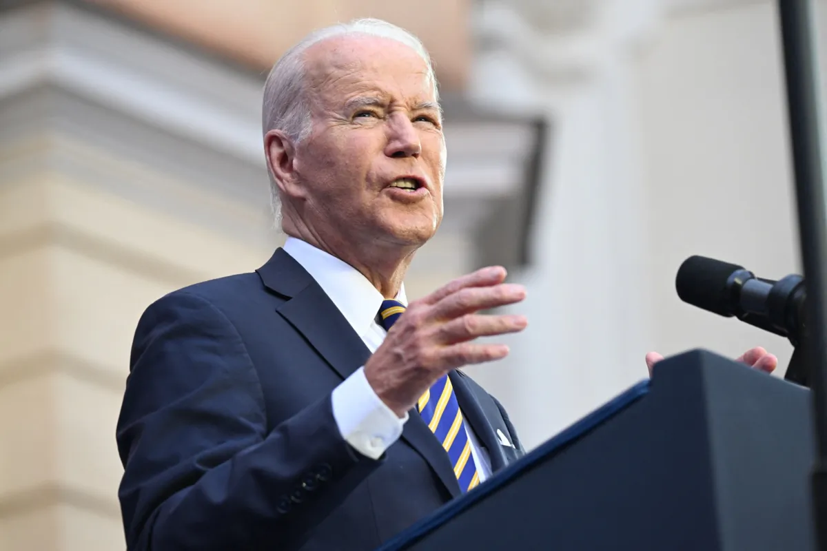 President Joe Biden delivers a speech on NATO at the Vilnius University in Vilnius, Lithuania, on July 12, 2023, after the end of the NATO Summit. (Andrew Caballero-Reynolds/AFP via Getty Images)