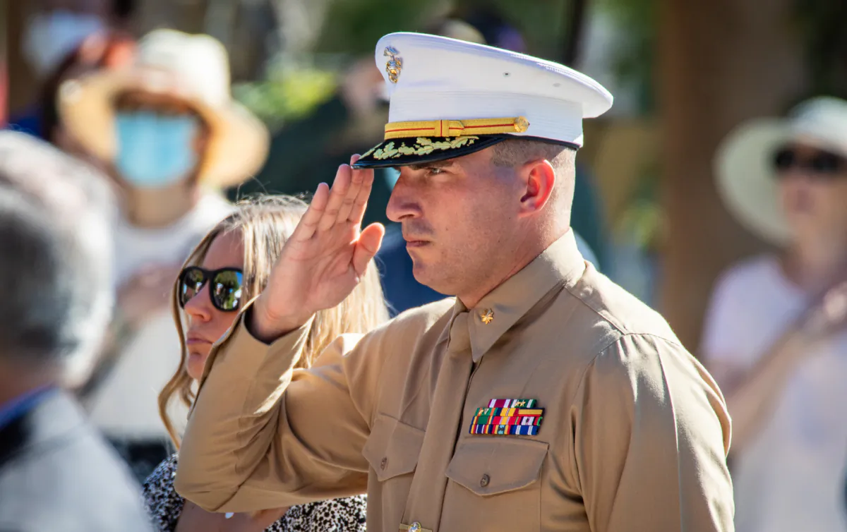 Veterans and civilians celebrate Veterans Day in Irvine, Calif., on Nov. 11, 2021. (John Fredricks/The Epoch Times)