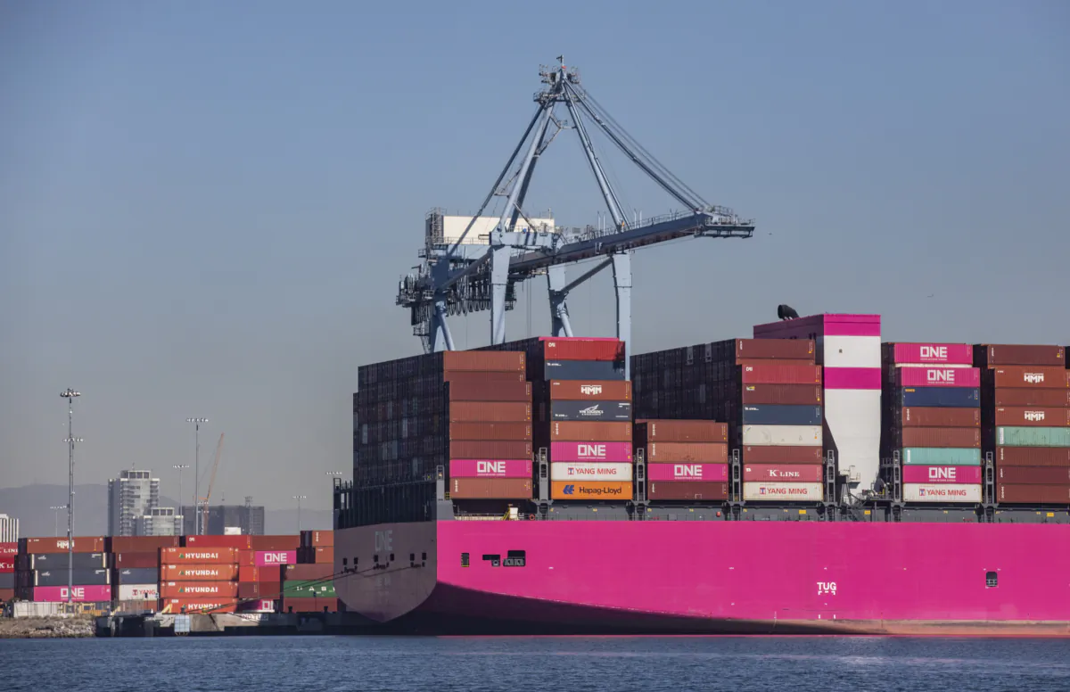 Cargo awaits unloading from ships off the Port of Long Beach, Calif., on Oct. 27, 2021. (John Fredricks/The Epoch Times)