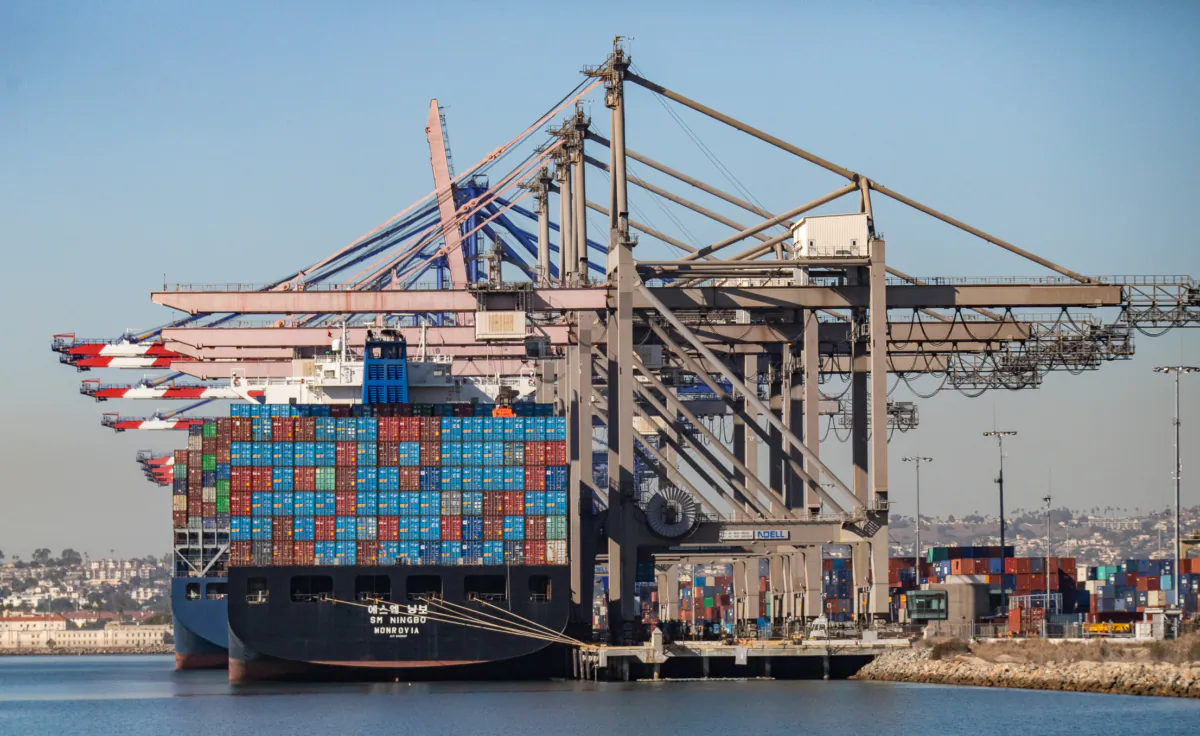 Shipping containers wait to be transferred from the ports of Los Angeles and Long Beach on Oct. 14, 2021. (John Fredricks/The Epoch Times)