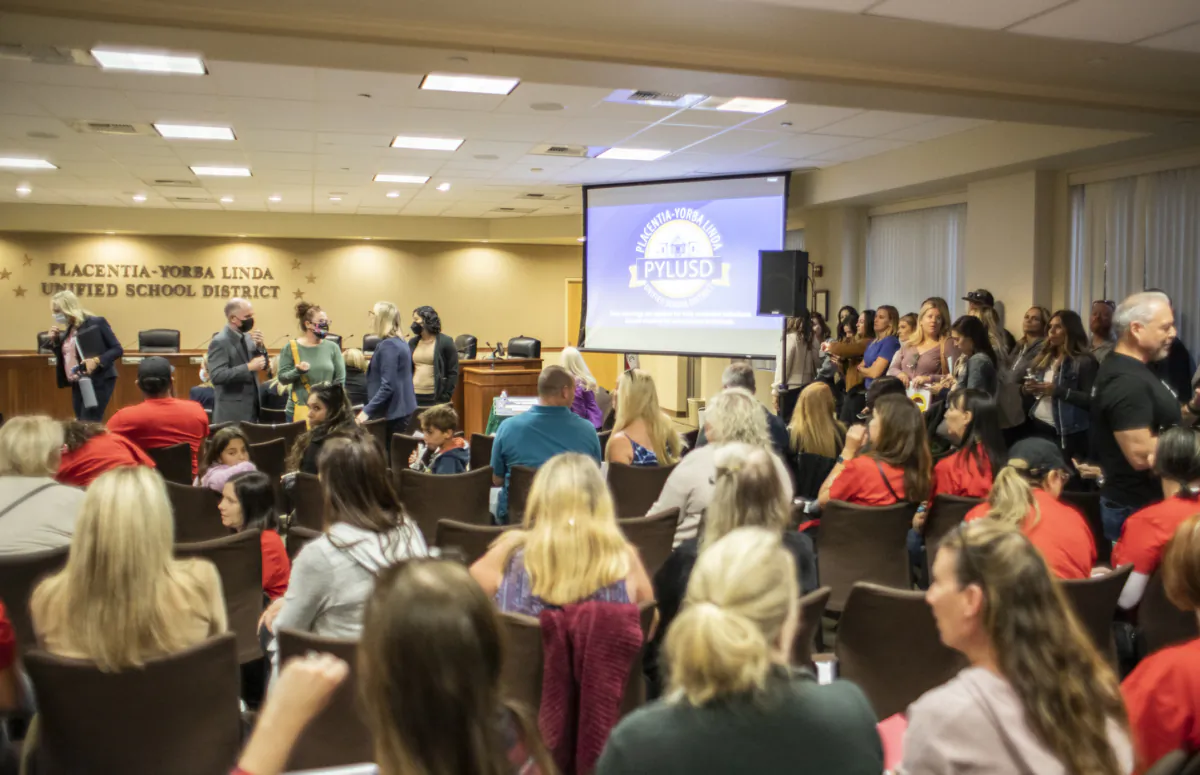 Parents gather in mass to express their concerns for mandatory vaccine mandates for their children at the Placentia Yorba Linda Unified School District building in Placentia, Calif., on Oct. 12, 2021. (John Fredricks/The Epoch Times)