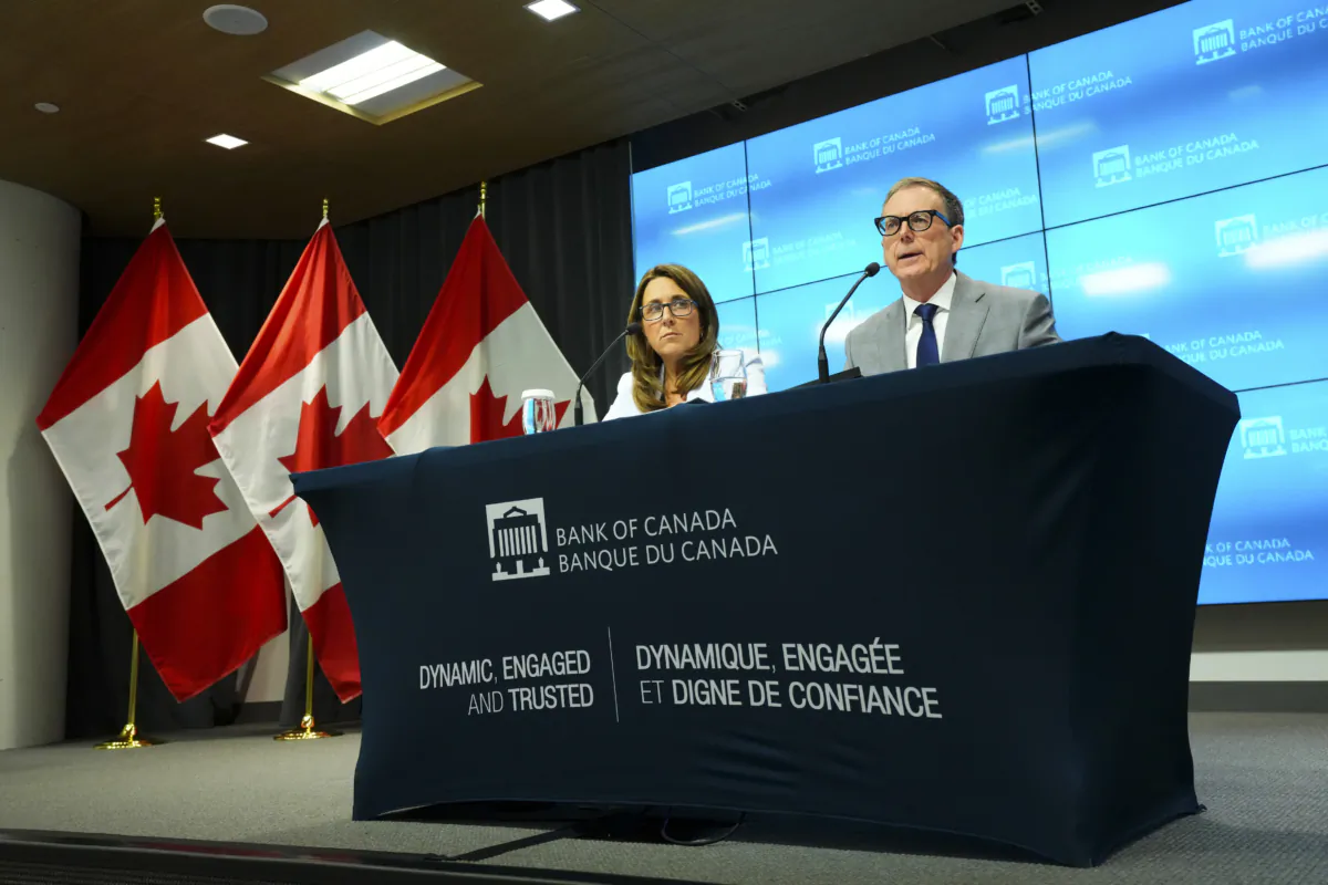 Bank of Canada governor Tiff Macklem and senior deputy governor Carolyn Rogers hold a press conference at the Bank of Canada in Ottawa on July 12, 2023. (The Canadian Press/Sean Kilpatrick)