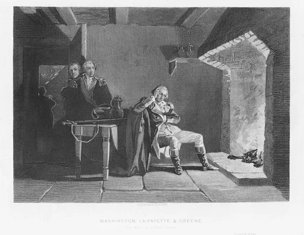 George Washington contemplating in front of a fireplace, watched by Gen. Nathanael Greene and the Marquis de Lafayette, during the American Revolutionary War, circa 1780, by H.B. Hall. Engraving. (Archive Photos/Getty Images)