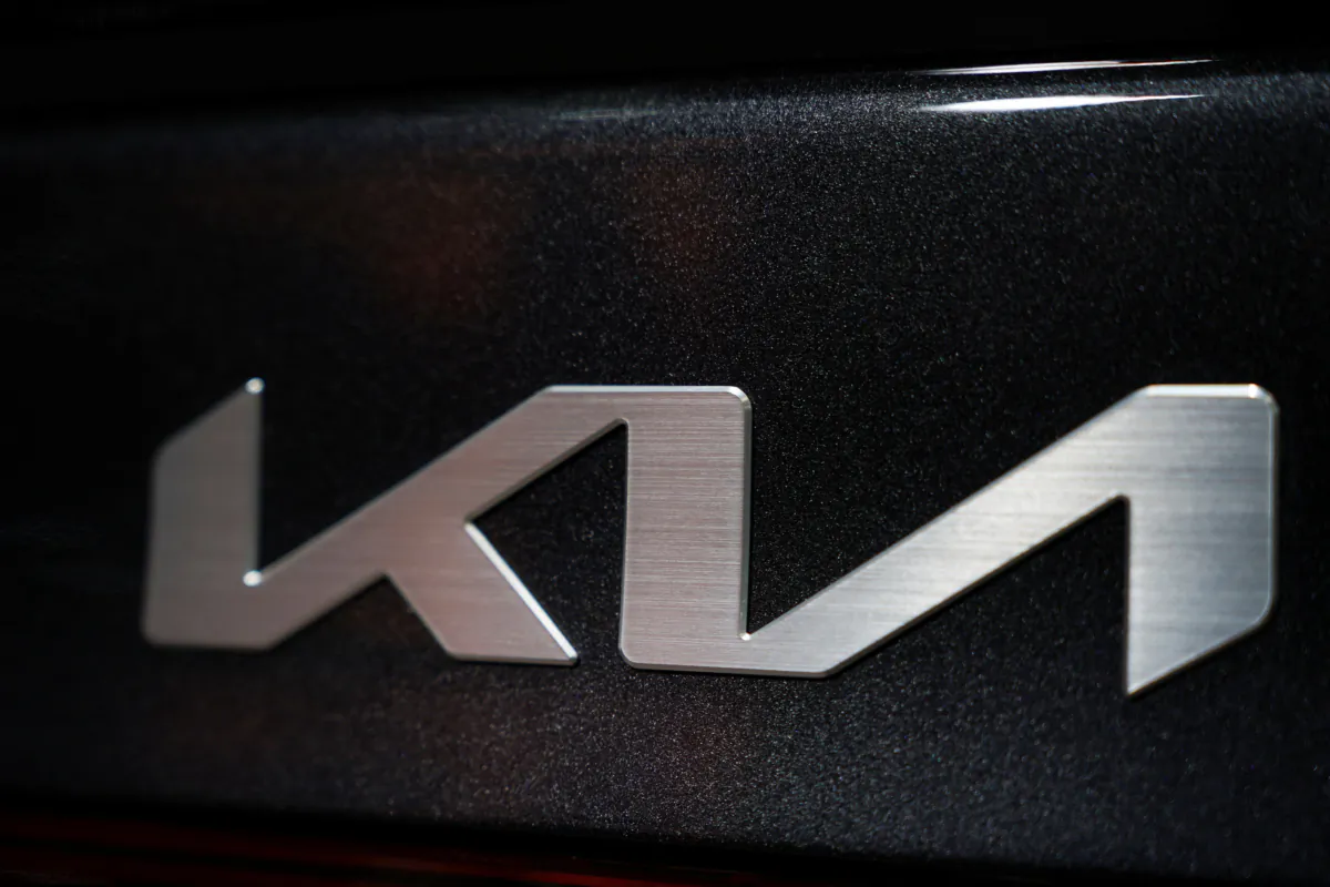 A KIA logo is seen during the New York International Auto Show in Manhattan, New York, on April 5, 2023. (David 'Dee' Delgado/Reuters)