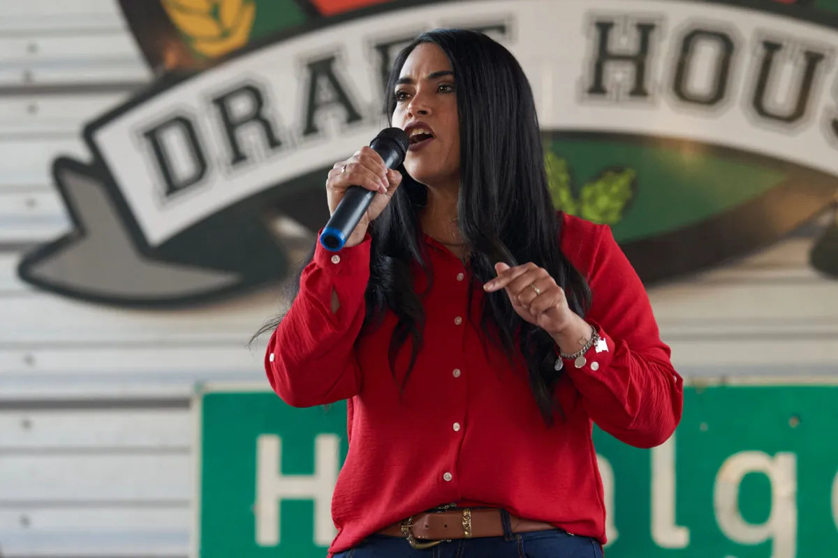 Republican Representative Mayra Flores of Texas, who is running for reelection, speaks at a campaign event at the University Drafthouse in Mcallen, Texas, on Oct. 10, 2022. (Allison Dinner/AFP via Getty Images)