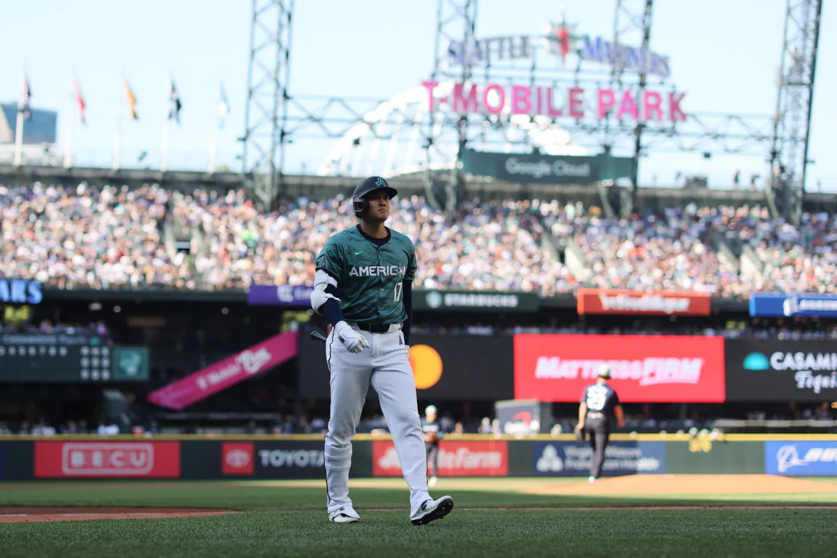 Shohei Ohtani (17) of the Los Angeles Angels reacts during the 93rd MLB All-Star Game presented by Mastercard at T-Mobile Park in Seattle on July 11, 2023. (Tim Nwachukwu/Getty Images)