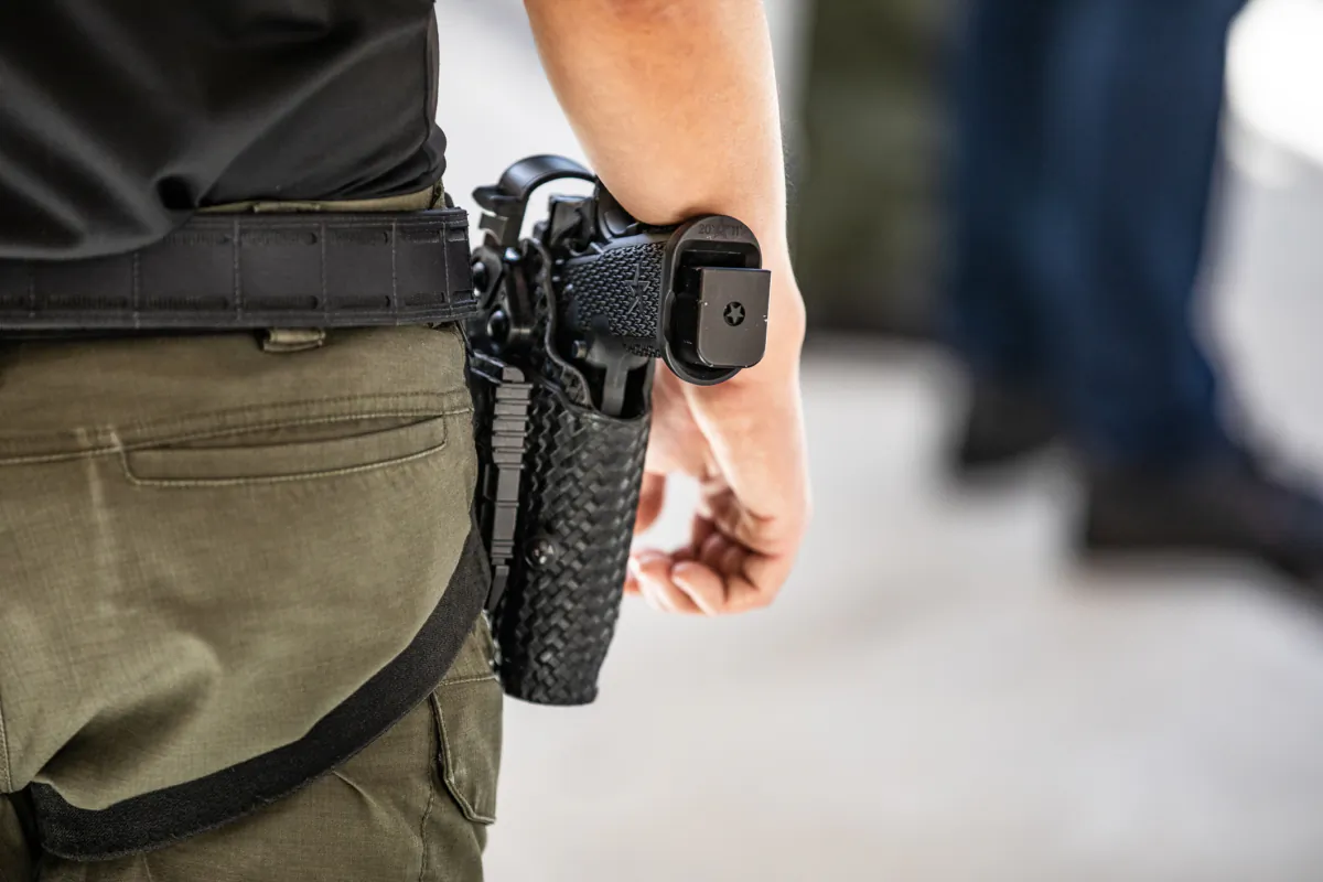 A firearm belonging to a police officer in a file photo. (John Fredricks/The Epoch Times)