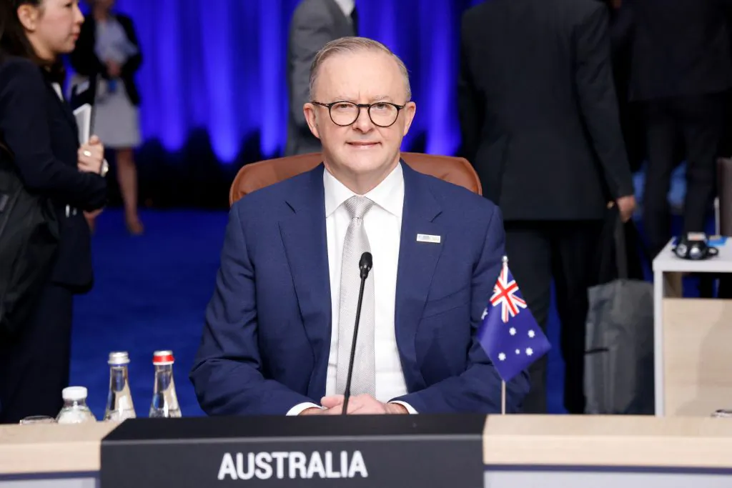 Australia's Prime Minister Anthony Albanese waits before the start of a meeting with NATO's Indo-Pacific partners during the NATO summit, in Vilnius on July 12, 2023. (Ludovic Marin/POOL/AFP via Getty Images)