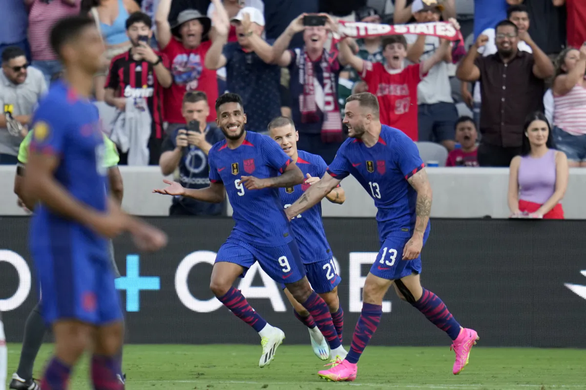 U.S. forward Jesús Ferreira (9) celebrates with teammates after scoring during extra time of a CONCACAF Gold Cup semifinal soccer match against Panama in San Diego on July 12, 2023. (Gregory Bull/AP Photo)