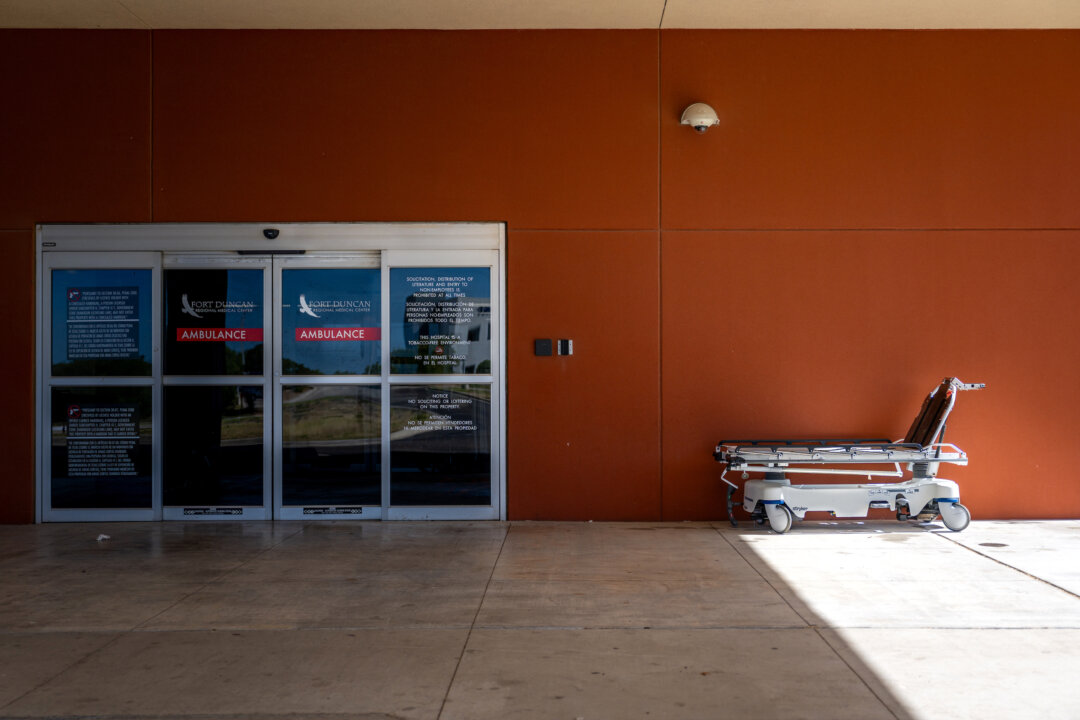 A hospital bed is seen placed outside the entrance of Fort Duncan Regional Medical Center in Eagle Pass, Texas, on June 29, 2023. (Brandon Bell/Getty Images)