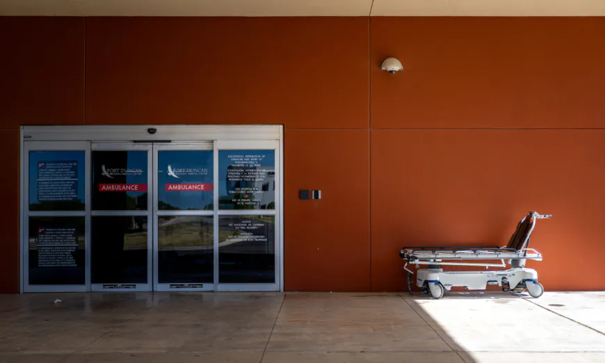 A hospital bed is seen placed outside the entrance of Fort Duncan Regional Medical Center in Eagle Pass, Texas, on June 29, 2023. (Brandon Bell/Getty Images)