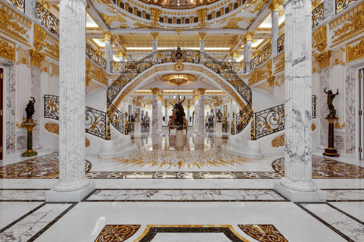 The breathtaking interior is embellished with more than 700,000 sheets of gold leaf, a project that required more than two years to complete. (Courtesy of Luxhabitat Sotheby’s Int'l)