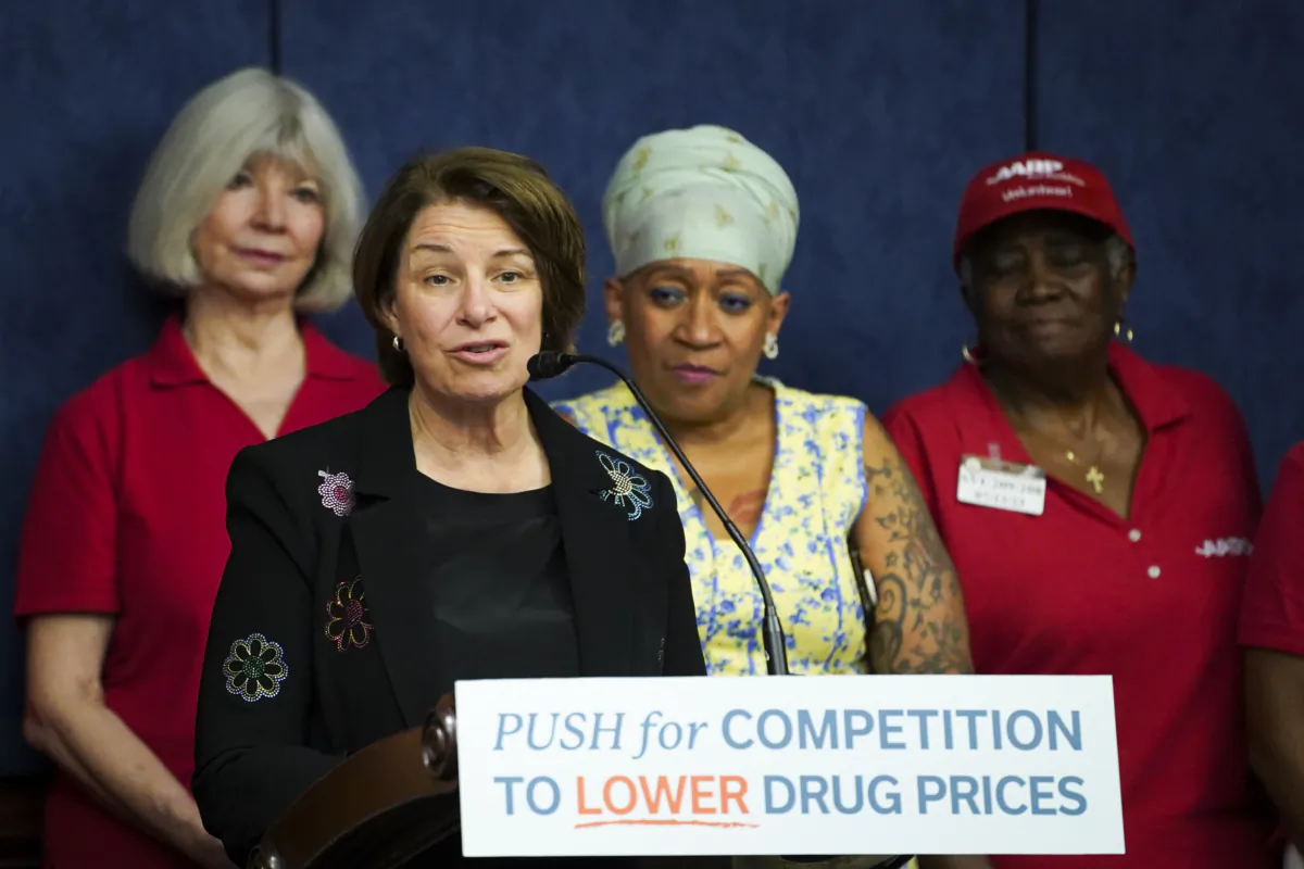 Sen. Amy Klobuchar (D-Minn.) speaks during a press conference on lowering prescription drug prices in Washington on July 13, 2023. (Madalina Vasiliu/The Epoch Times)