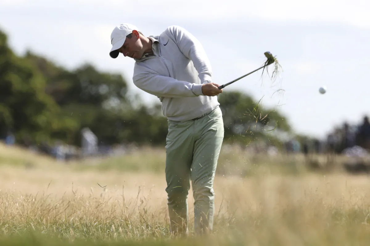 Northern Ireland's Rory McIlroy plays a shot on the 18th fairway on day one of the Genesis Scottish Open 2023 at The Renaissance Club in North Berwick, Scotland, on July 13, 2023. (Steve Welsh/PA via AP)