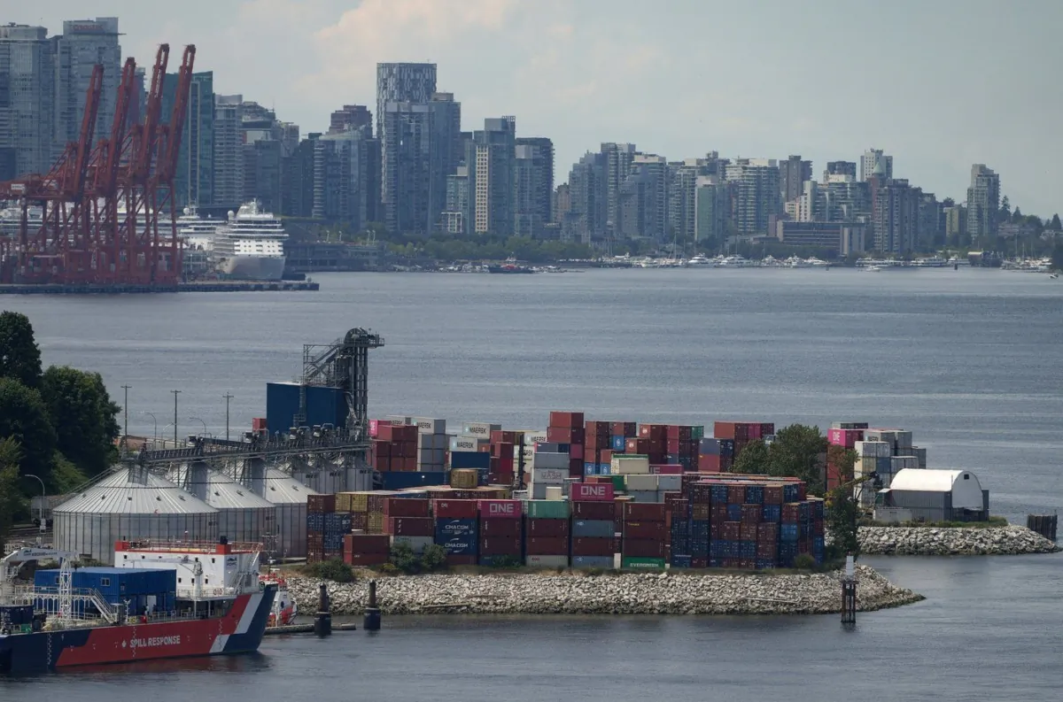 Stacks of cargo containers are seen at port during a strike by International Longshore and Warehouse Union Canada workers in the province, in Vancouver, on July 12, 2023. (The Canadian Press/Darryl Dyck)
