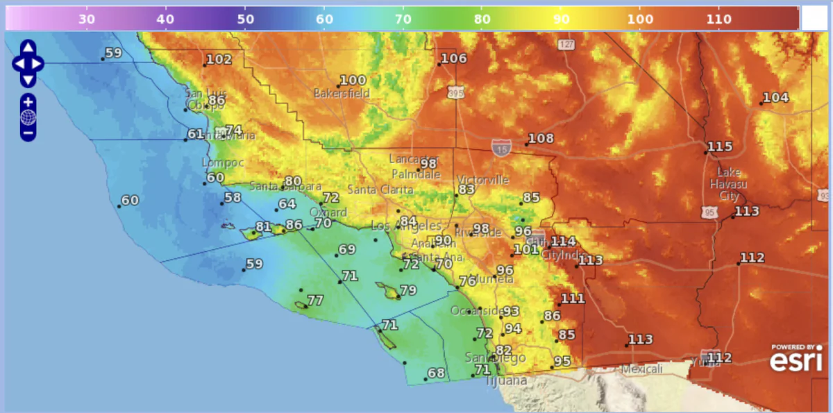 The highest temperatures (in Fahrenheit) forecast across Southern California in a graphic photo on July 13, 2023. (National Weather Service/Screenshot via The Epoch Times)