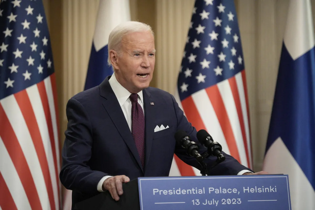 U.S. President Joe Biden addresses a joint press conference with Finland's President after the U.S.-Nordic leaders summit in Helsinki on July 13, 2023. (Alessandro Rampazzo/AFP via Getty Images)