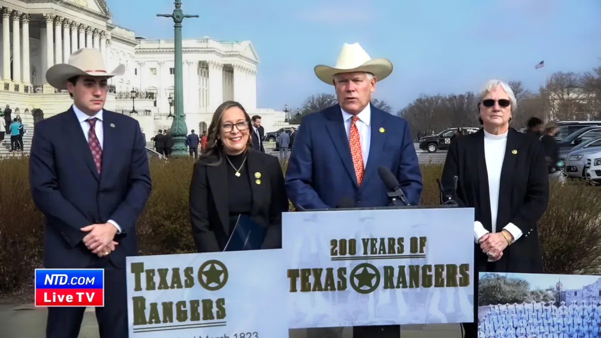 Rep. Pete Sessions (R-Texas) and other members of the Texas delegation hold a press conference about the Texas Rangers' bicentennial, in Washington on March 1, 2023, in a still from video released by NTD. (NTD)