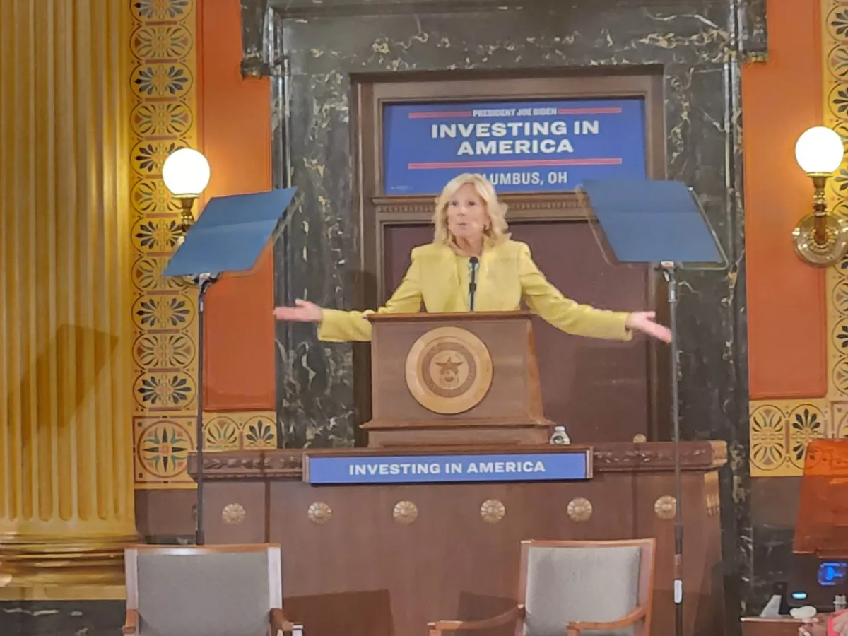 First Lady Jill Biden launches a workforce hub in Columbus, Ohio, on July 12 as part of President Joe Biden's Investing in America tour. (Jeff Louderback/Epoch Times)