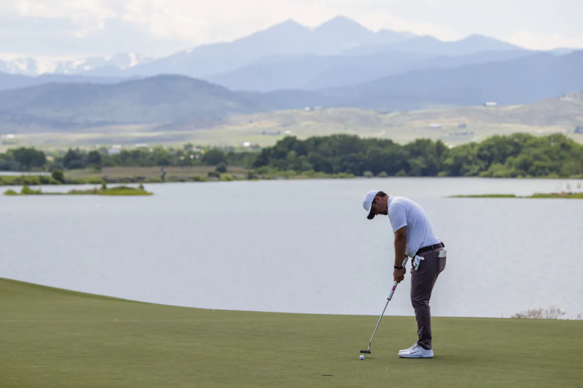Chris Gotterup hits a putt on the 15th hole during the final round of The Ascendant presented by Blue at TPC Colorado in Berthoud, Colo., on July 13, 2023. (Photo by Justin Edmonds/Getty Images)