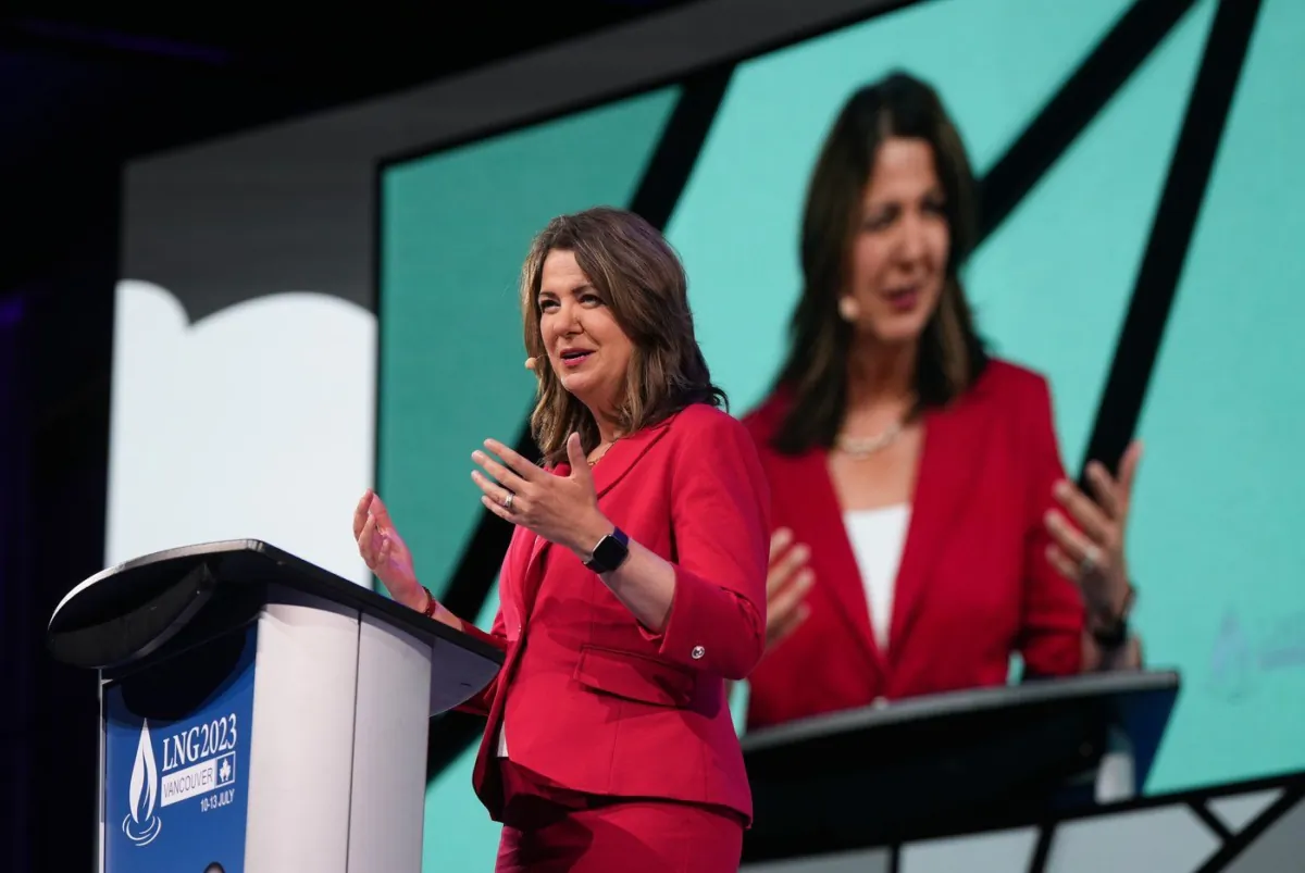 Alberta Premier Danielle Smith gives a keynote address at the the LNG2023 conference in Vancouver, on July 13, 2023. (The Canadian Press/Darryl Dyck)