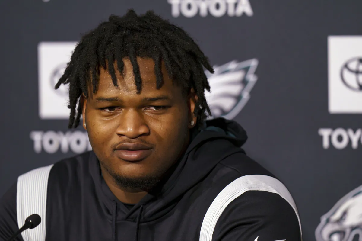 Philadelphia Eagles first round draft pick Jalen Carter, from the University of Georgia, takes questions from the media during NFL rookie football minicamp in Philadelphia on May 5, 2023. (Chris Szagola/AP Photo)