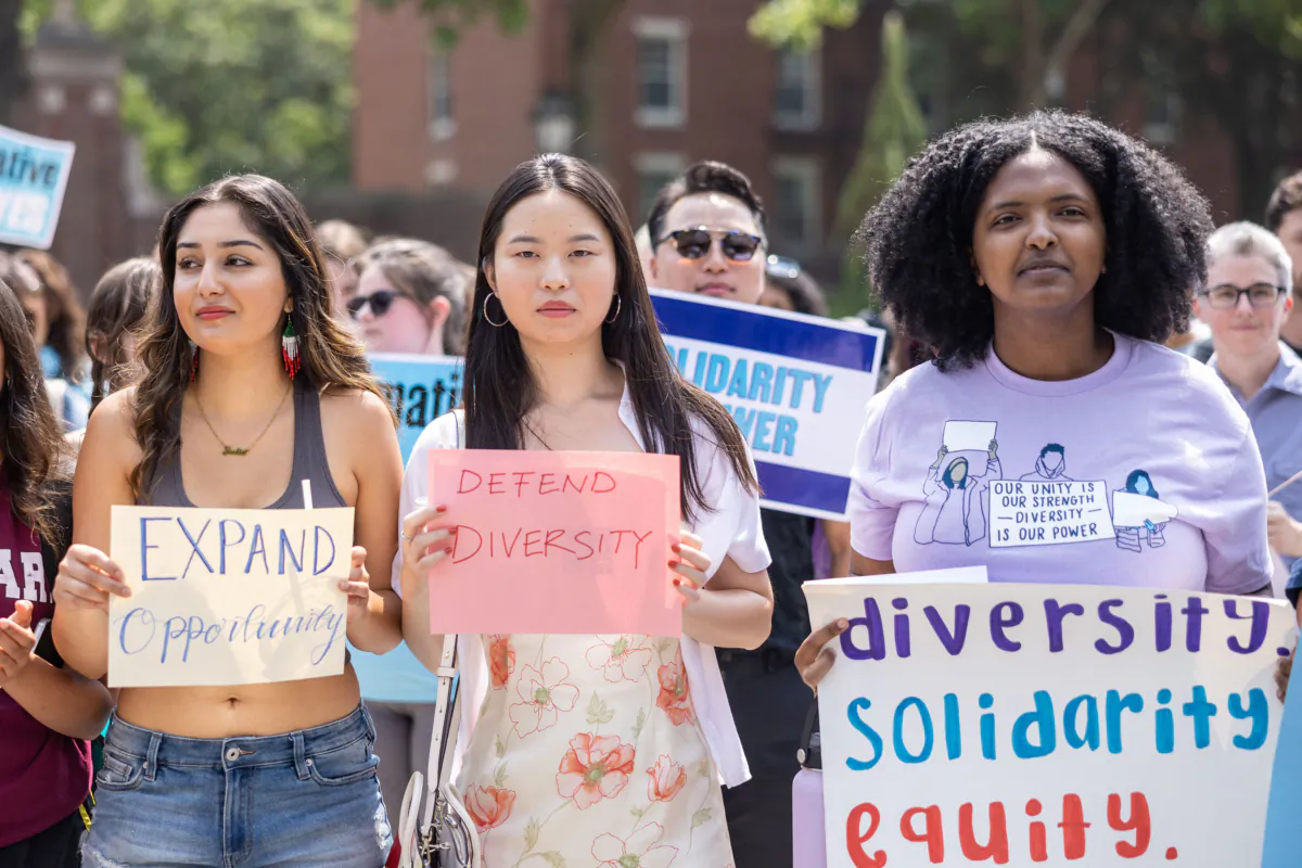 Students and others gather at Harvard University’s Science Center Plaza to rally in support of Affirmative Action after the Supreme Court ruling, in Cambridge, Mass., on July 1, 2023. (Scott Eisen/Getty Images)