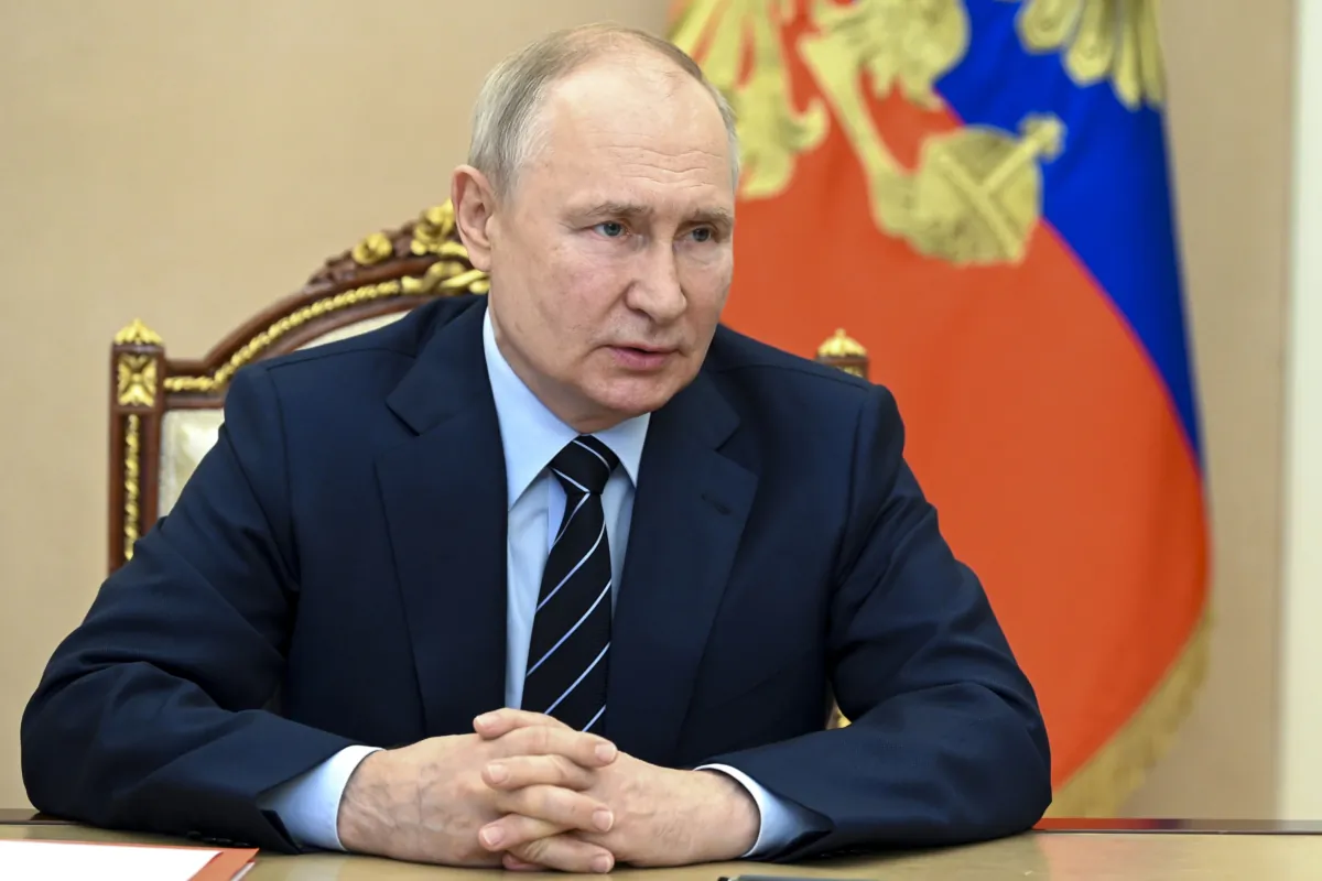 Russian President Vladimir Putin chairs a Security Council meeting via video conference at the Kremlin in Moscow on July 14, 2023. (Aleksey Babushkin, Sputnik, Kremlin Pool Photo via AP)