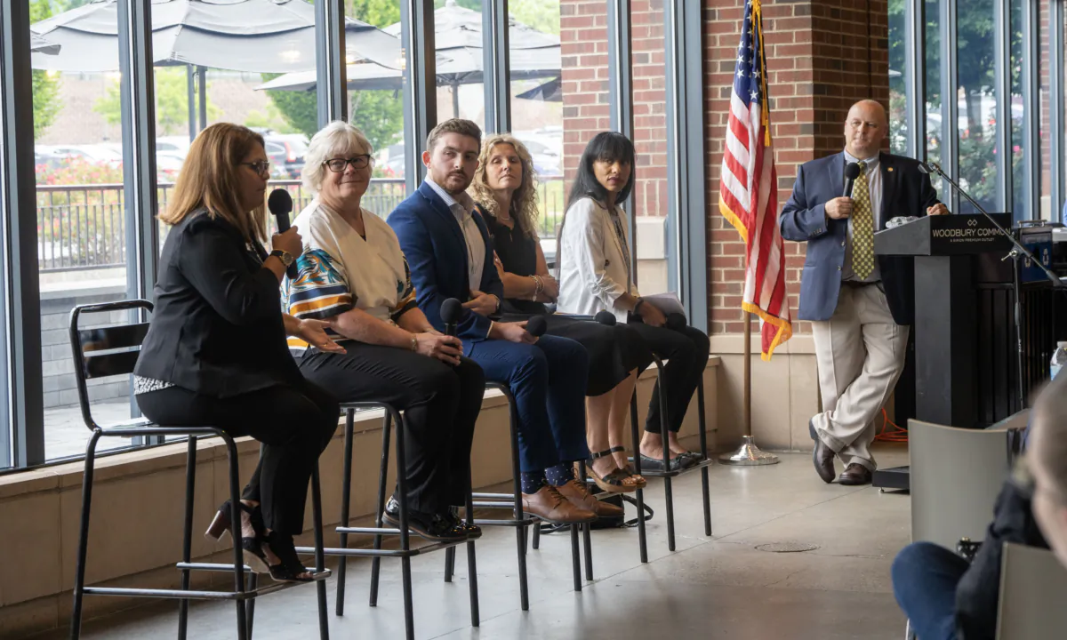 (From left to right) Nancy Curasi, Marilyn Torley, Conor Eckert, Kristina Patsalos, Nora Martinez, and Michael Torelli at a panel discussion during a Orange County Chamber of Commerce membership meeting at Woodbury Common in Monroe, N.Y., on July 14, 2023. (Cara Ding/The Epoch Times)