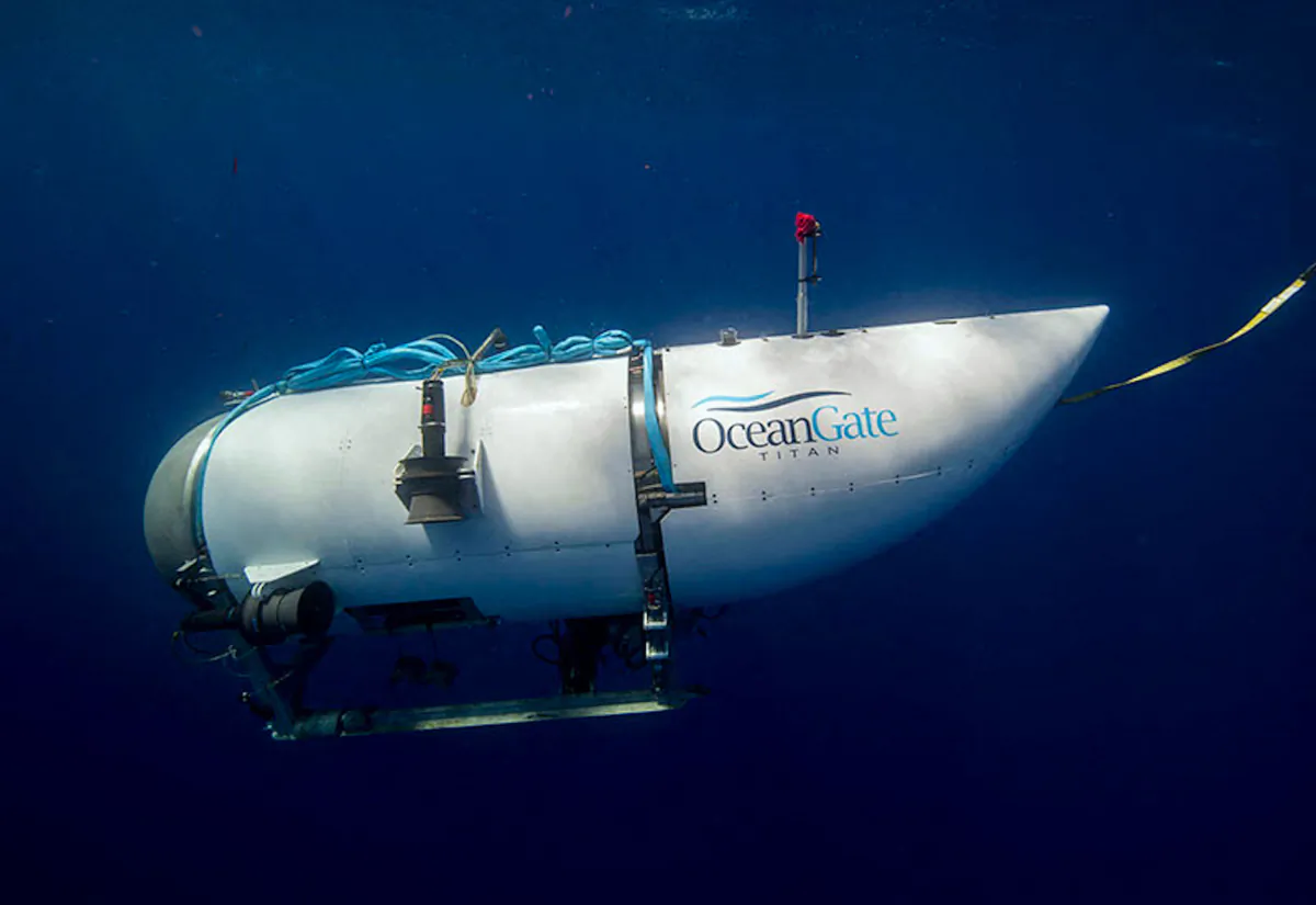 An undated handout photograph shows Titan, the submersible that vanished on expedition to the Titanic wreckage but was later found to have imploded, killing its five occupants. (OceanGate/Zuma Press Wire/TNS)