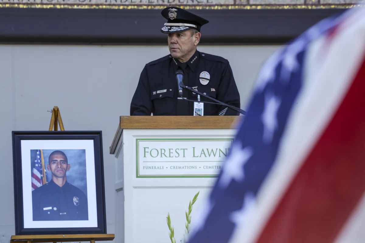 Los Angeles Police Department (LAPD) Chief Michel Moore speaks at the funeral of LAPD Officer Fernando Arroyos at Forest Lawn Hollywood Hills in Los Angeles, on Feb. 2, 2022. (Irfan Khan/Getty Images)
